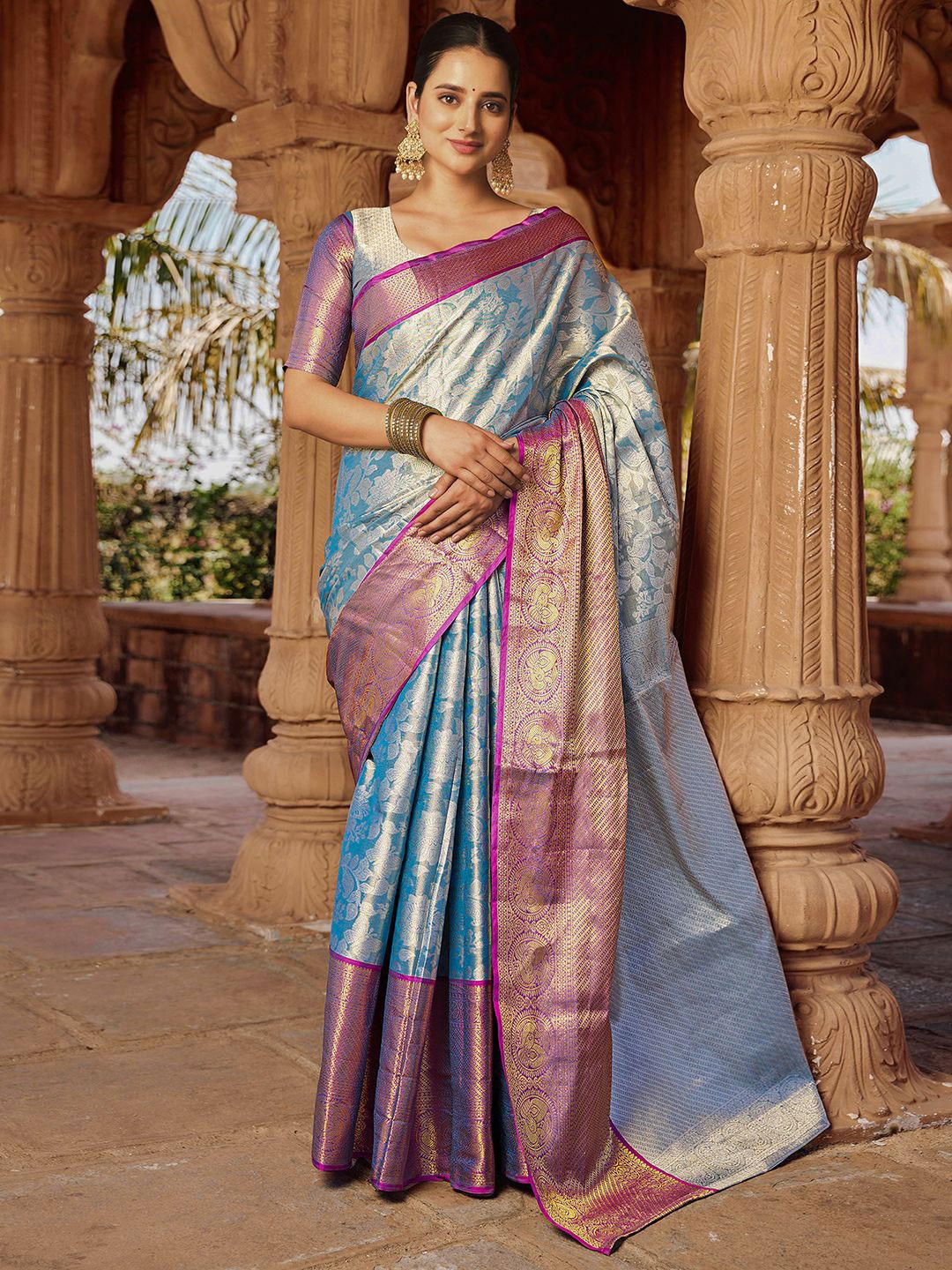 

Satrani Floral Woven Design Zari Pure Silk Paithani Saree, Blue