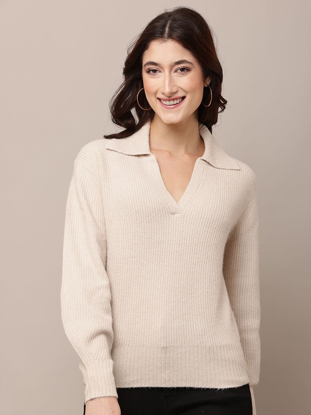 

NoBarr Women Shirt Collar Pullover, Beige