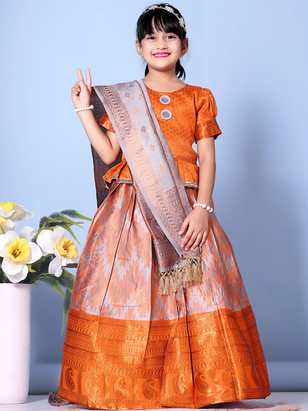 

BAESD Girls Woven Design Ready to Wear Lehenga & Blouse With Dupatta, Orange