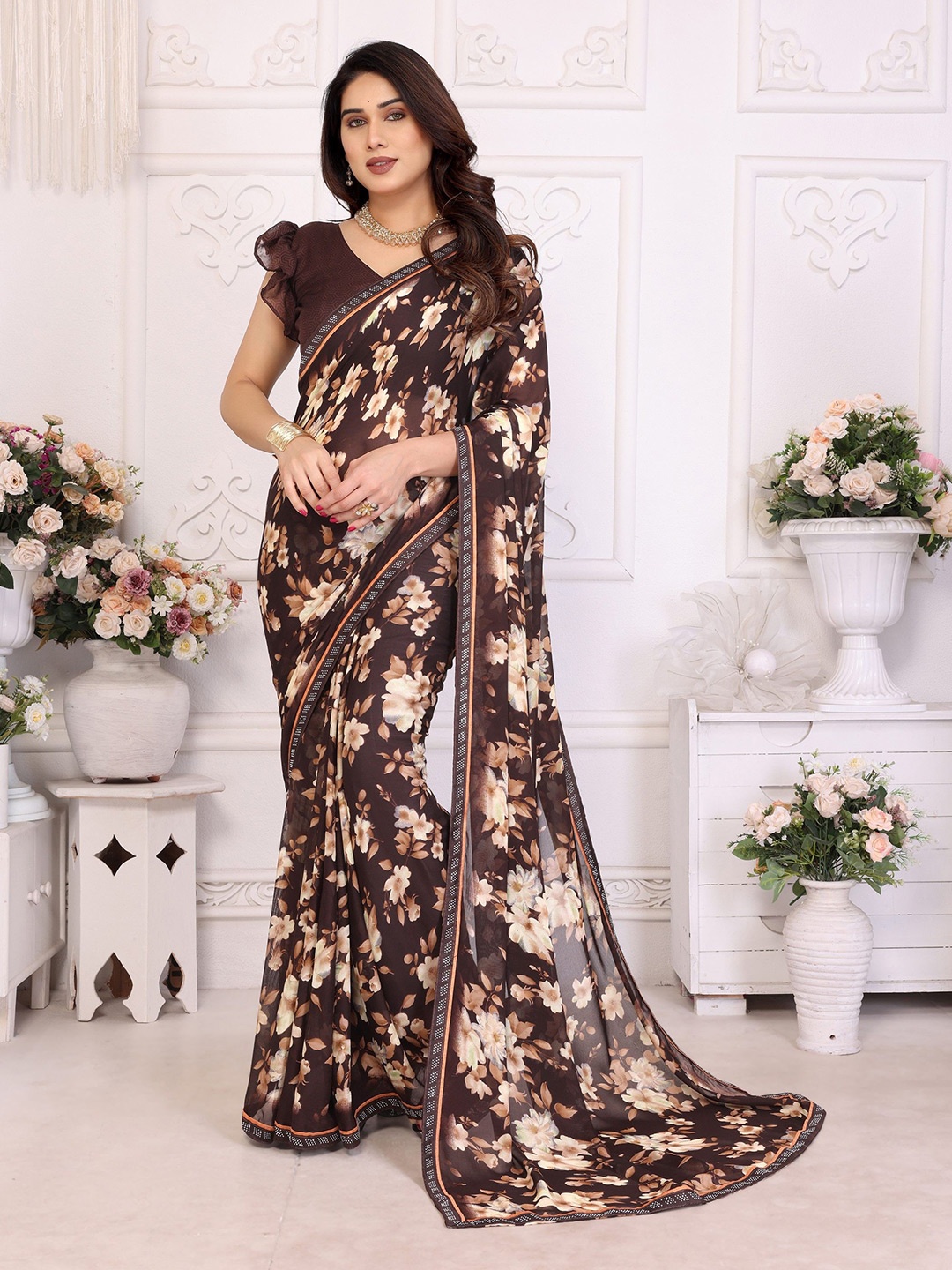 

Nirmohi Fashion Floral Printed Beads and Stones Saree, Brown
