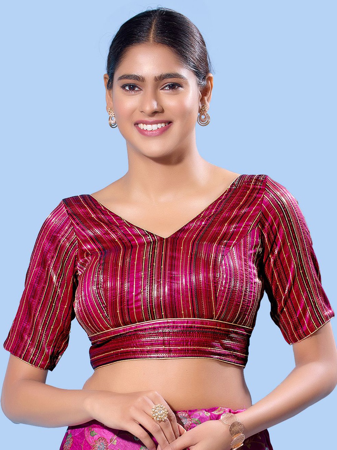 

VAMAS - THE DESIGNER BLOUSES Women V-Neck Padded Saree Blouse, Magenta