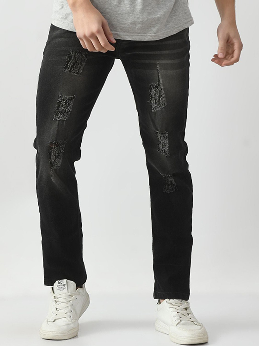

LINARIA Men Cotton Slim Fit Mildly Distressed Light Fade Jeans, Grey