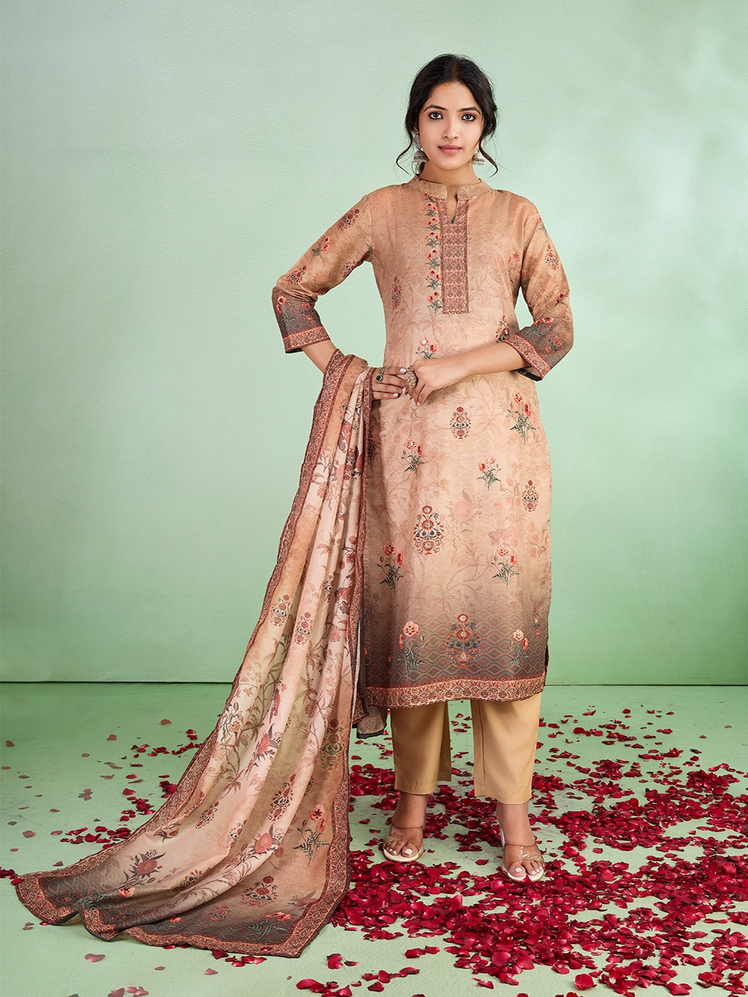 

SUAAC Floral Printed Mandarin Collar Straight Kurta With Trousers & Dupatta, Beige