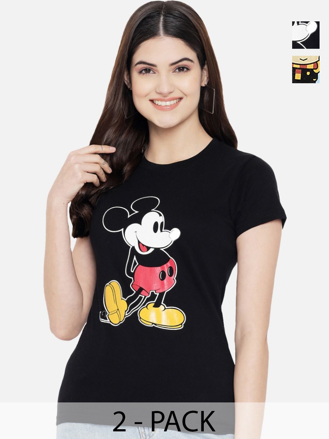 

Tromko Women Pack of 2 Typography Printed Round Neck Cotton Regular Fit T-shirts, Black