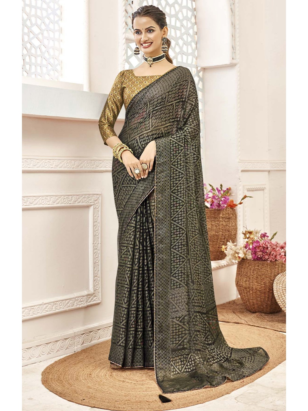 

MAHALASA Printed Pure Chiffon Designer Saree, Green