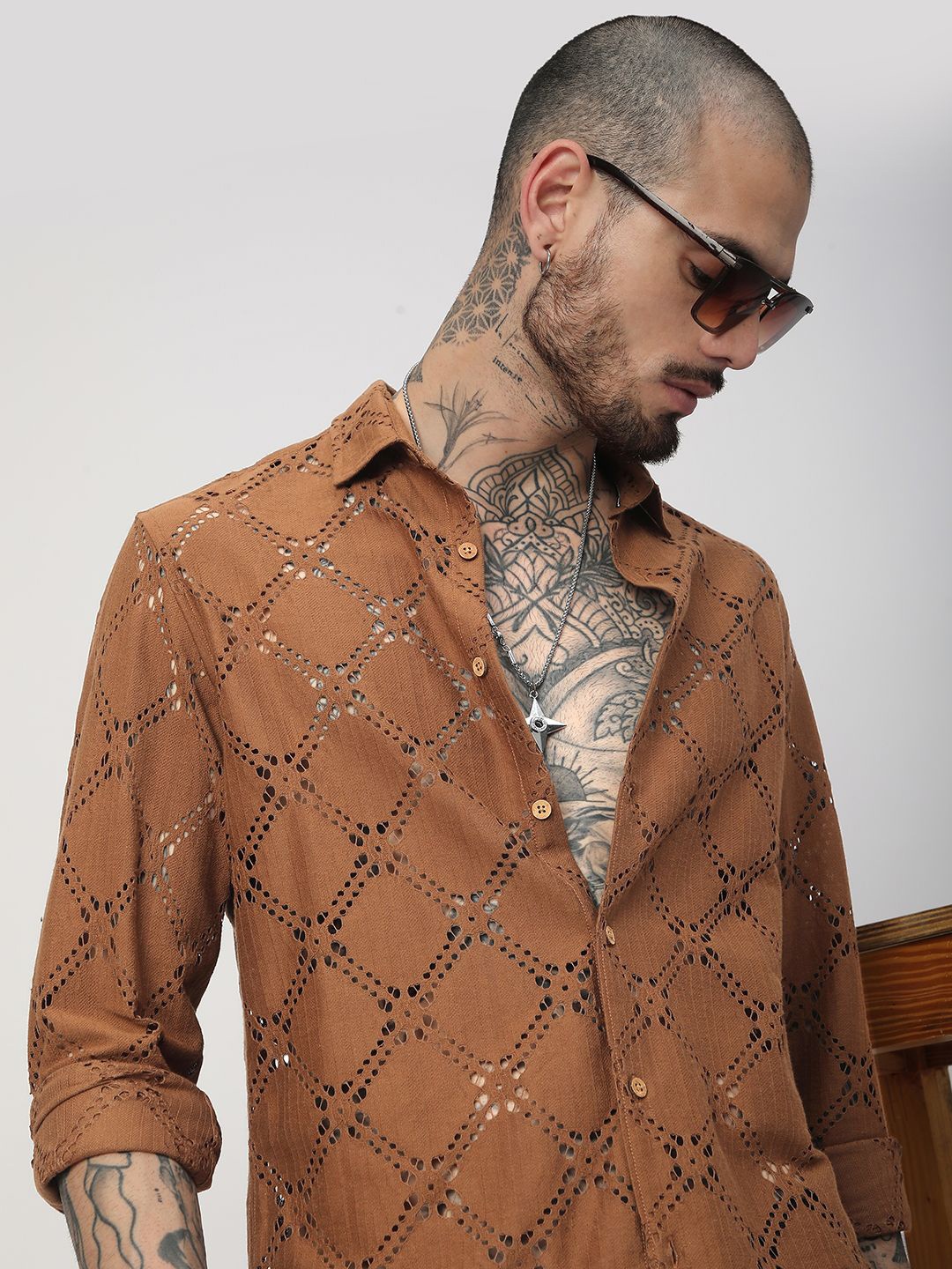 

VASTRADO Men Classic Slim Fit Spread Collar Textured Cotton Casual Shirt, Brown