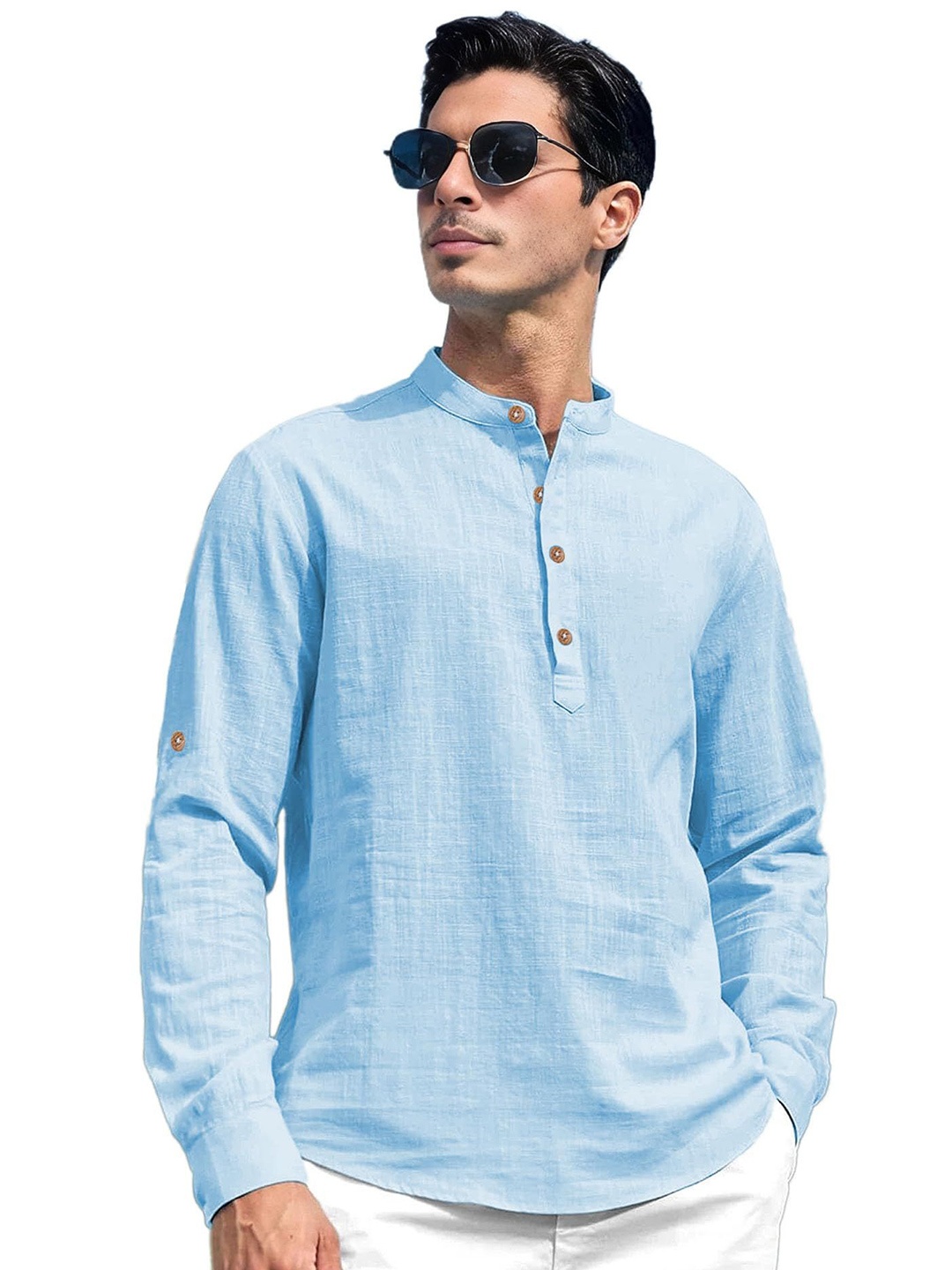 

EdinWolf Men India Slim Fit Band Collar Solid Cotton Casual Shirt, Blue