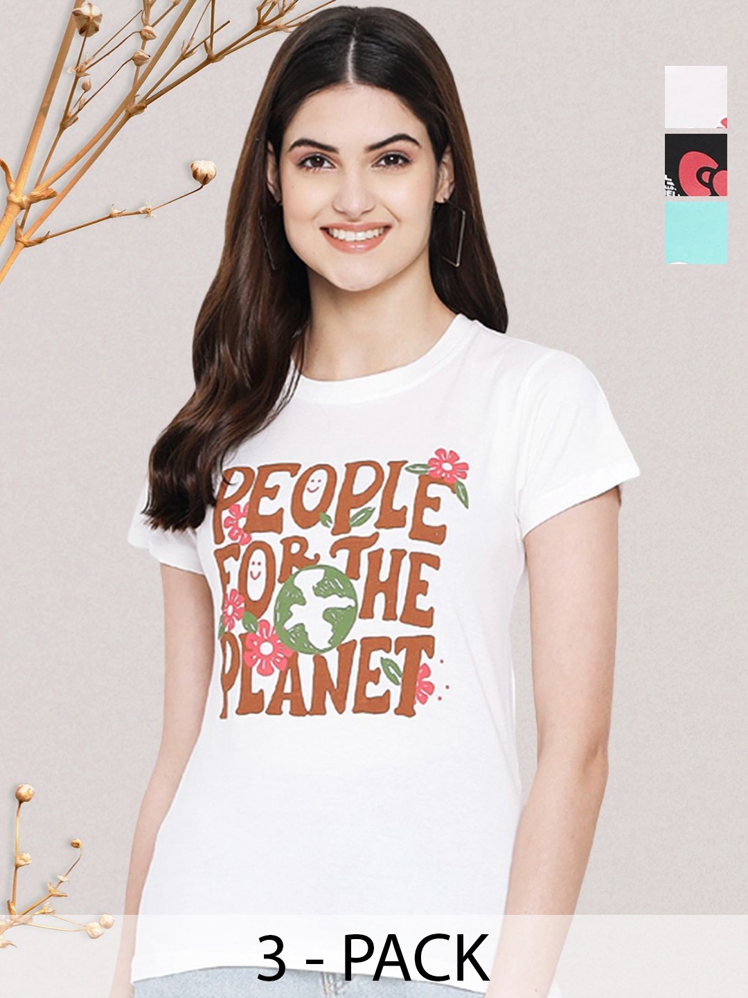 

GLOBAL NOMAD Women Typography Printed Round Neck Cotton T-shirt, White