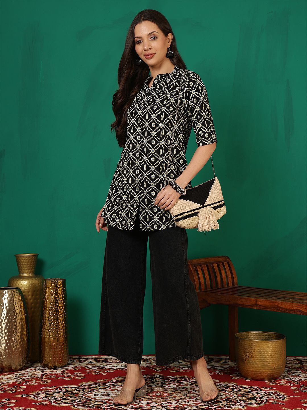 

Sangria Ethnic Motifs Printed Mandarin Collar Neck Top, Black
