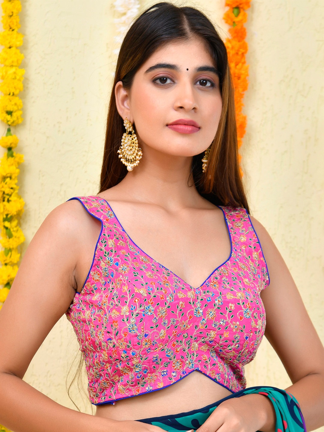 

Amodini Designer Studio Floral Position Print Sleeveless Padded Saree Blouse, Pink