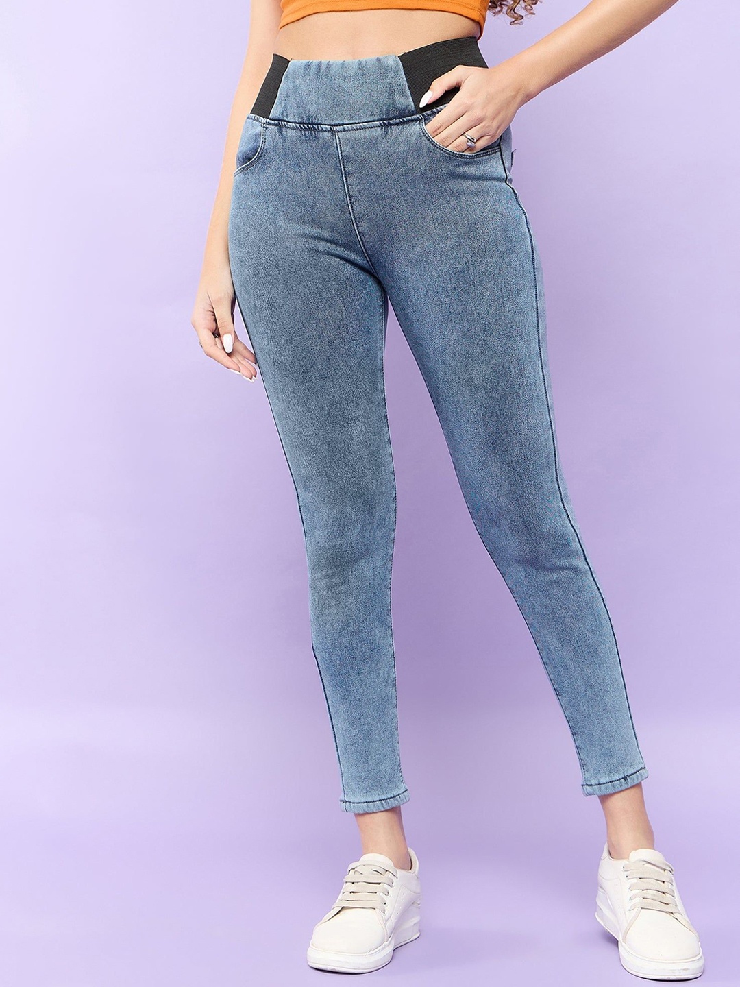 

Outzidr Women Skinny Fit Mid-Rise Jeggings, Blue