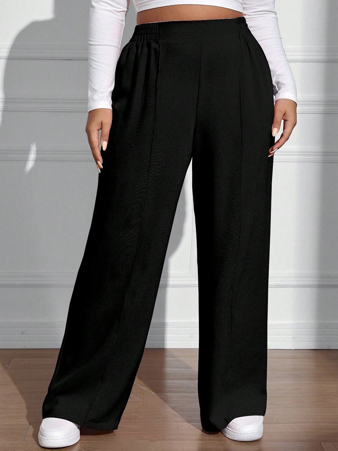 

CORSICA Women Smart Straight Fit High-Rise Easy Wash Pleated Trousers, Black