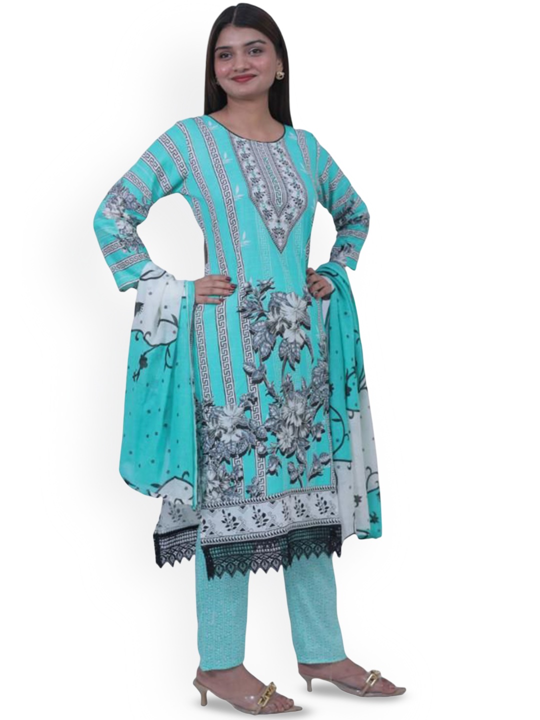 

Wavy Collection Floral Printed Pure Cotton Straight Kurta with Trousers & Dupatta, Turquoise blue