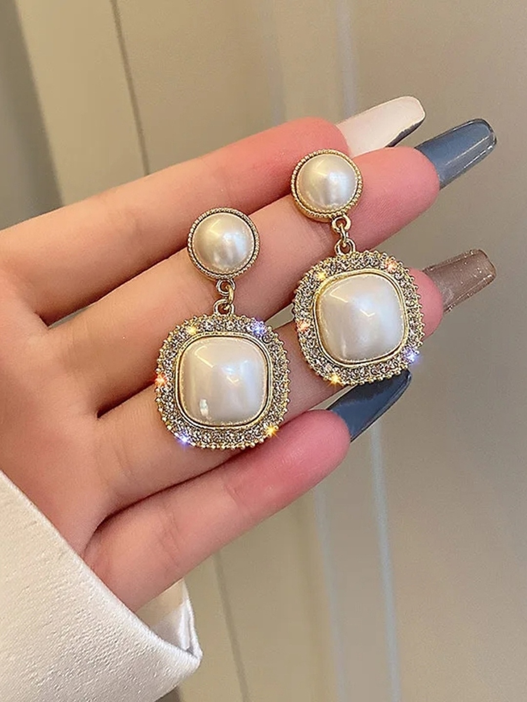

Celestique Korean Gold Plated Pearls Contemporary Drop Earrings, White