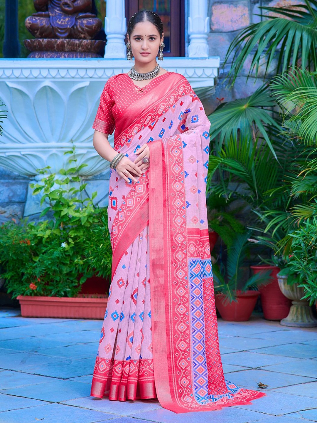 

Nimidiya Ethnic Motifs Printed Pure Cotton Saree, Pink