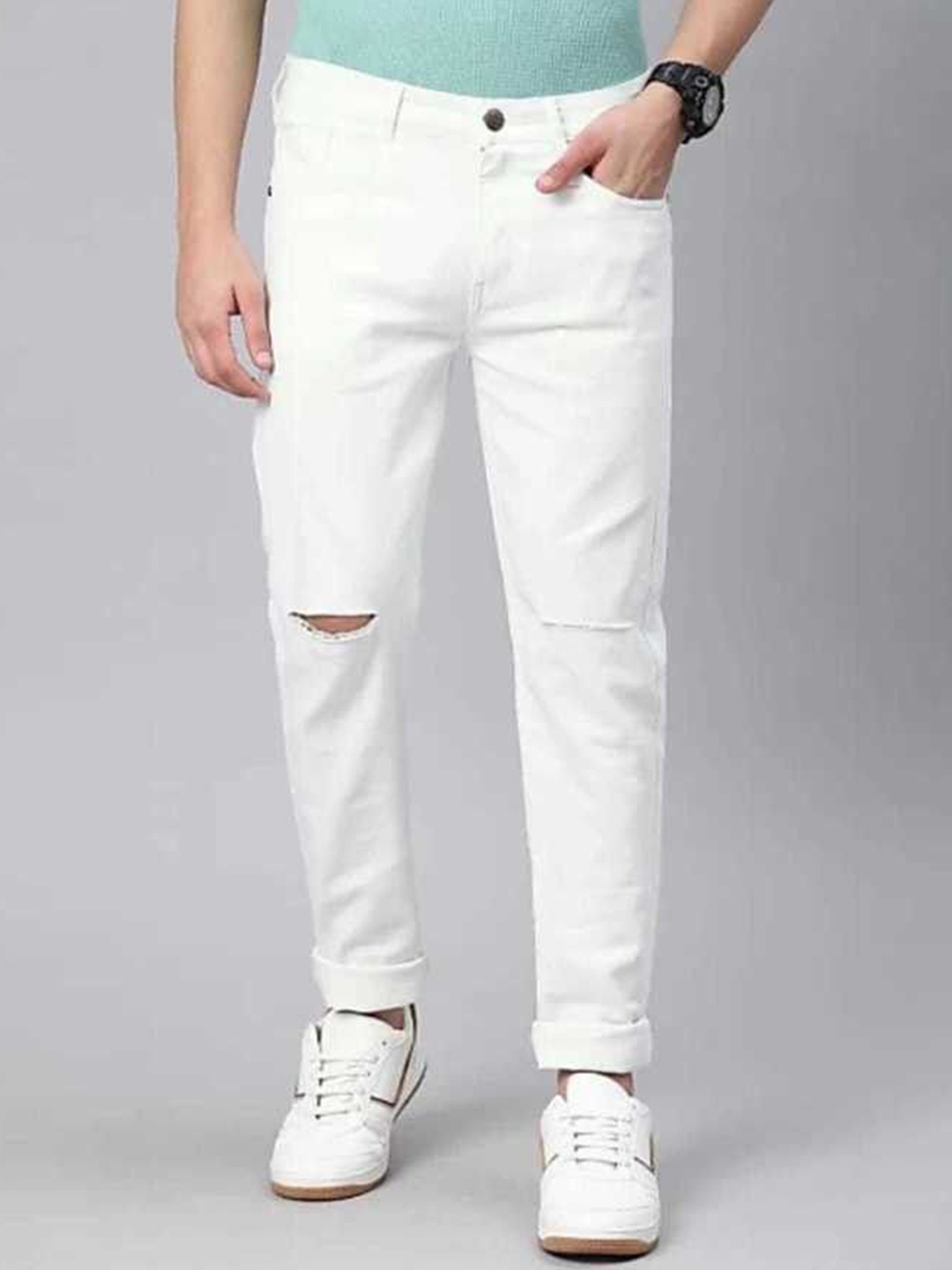 

LINARIA Men Classic Slim Fit Slash Knee Jeans, White