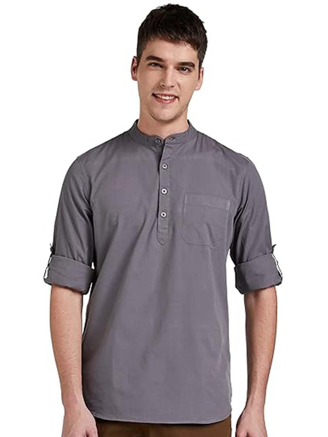 

EdinWolf Men India Slim Fit Band Collar Solid Cotton Casual Shirt, Grey