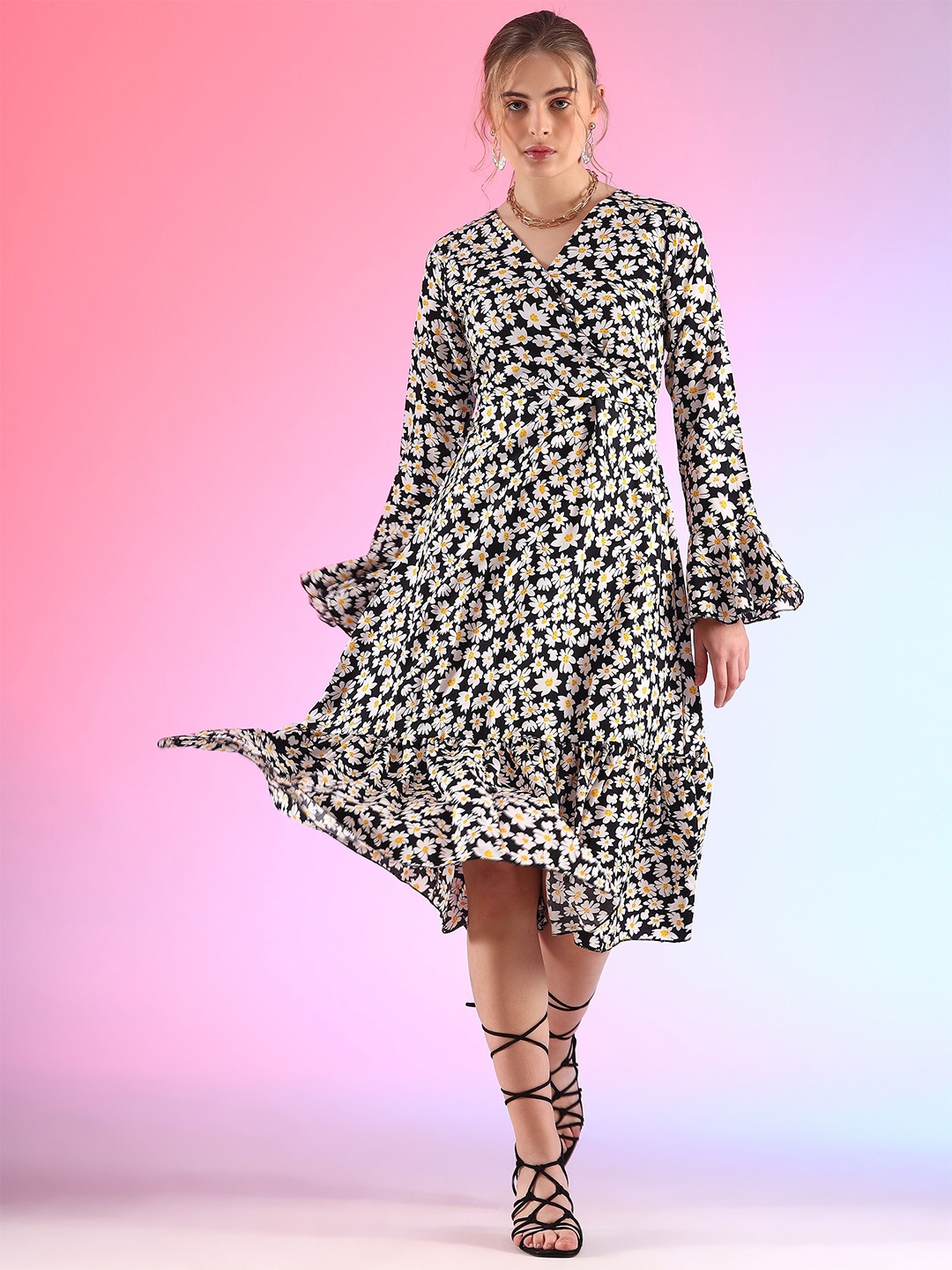 

De La Moda Floral Print Flared Sleeve Midi Dress, Multi