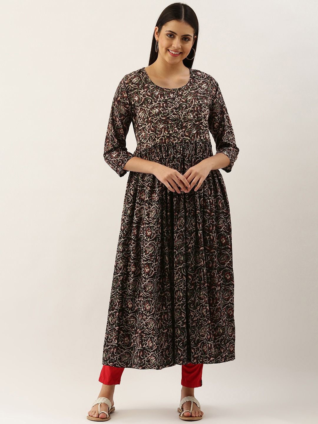 

Fourleaf Floral Printed Sequnnied Cotton Anarkali Kurta, Black