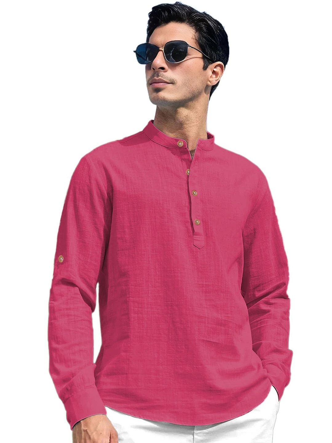 

EdinWolf Men India Slim Fit Band Collar Solid Cotton Casual Shirt, Pink