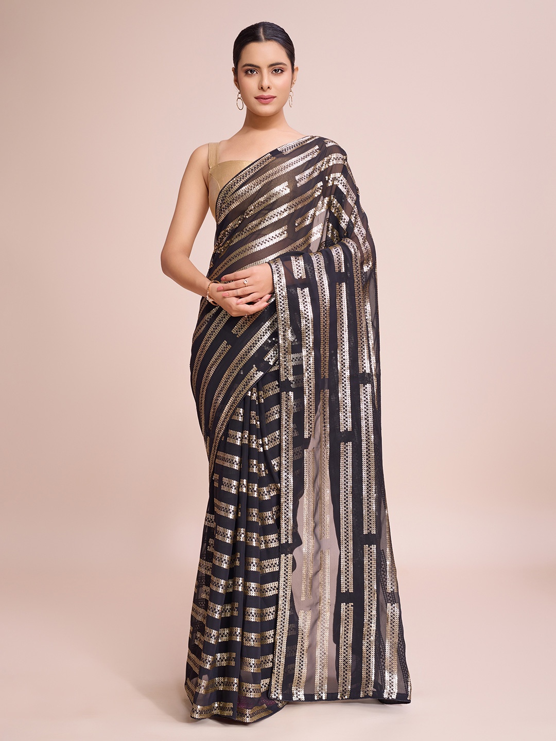 

THE52 Striped Embellished Sequins Saree With Blouse Piece, Black