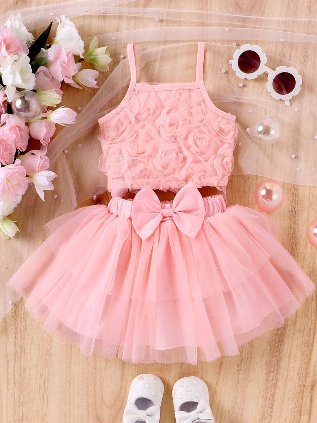 

Xsole Girl Shoulder Straps Top With Skirt, Pink
