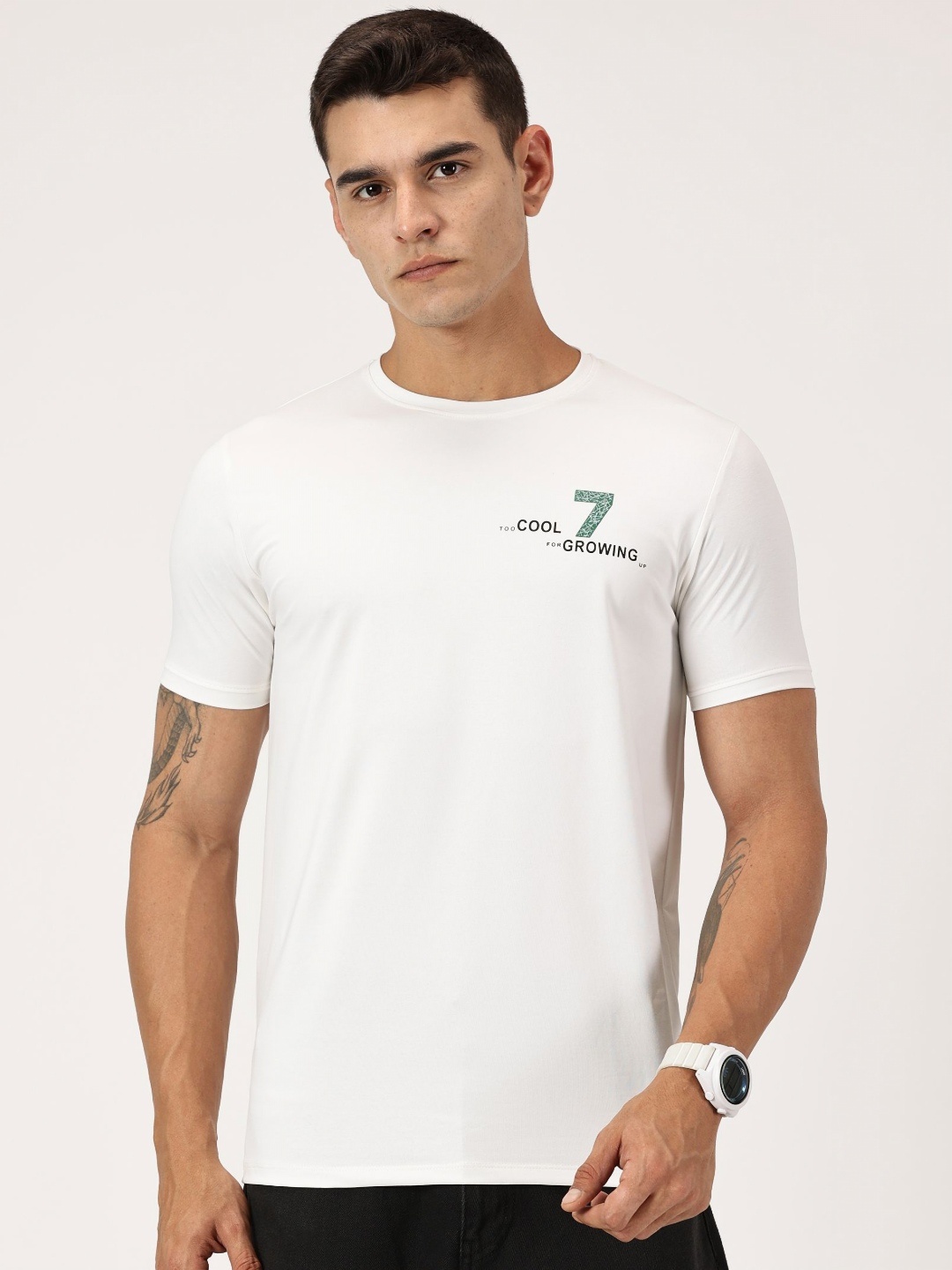 

RAVINIK Men Typography Printed Round Neck Cotton T-shirt, White