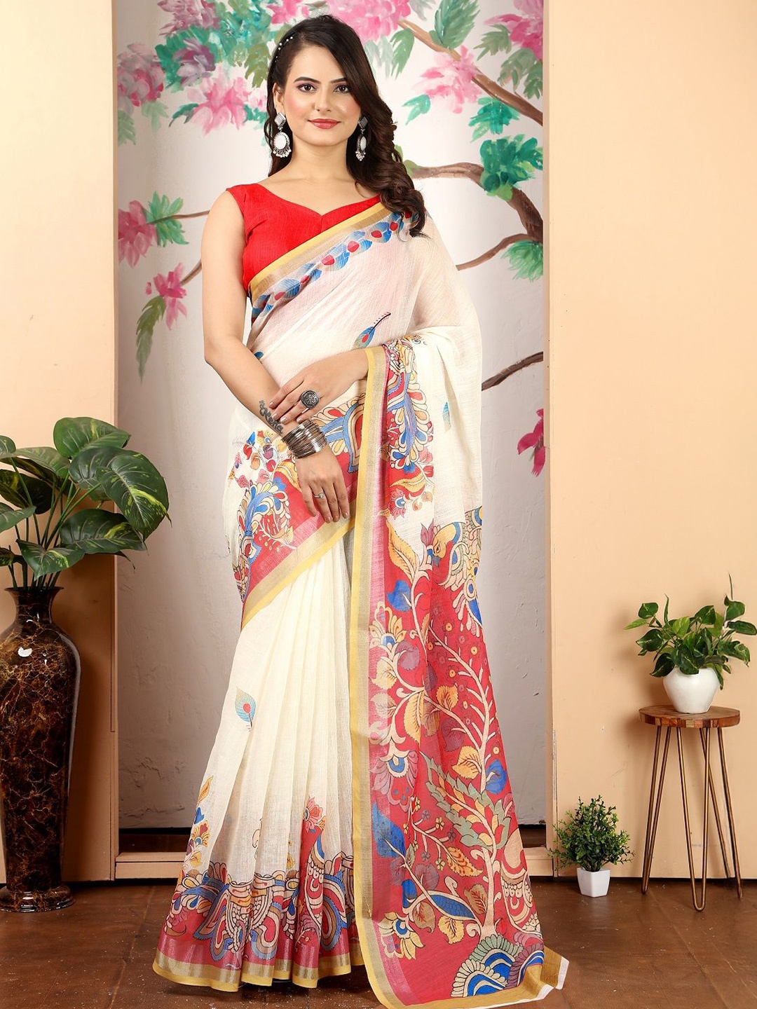 

Nimidiya Ethnic Motifs Printed Zari Pure Cotton Saree, White