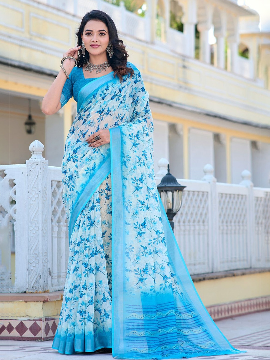 

Nimidiya Floral Printed Pure Cotton Saree, Blue