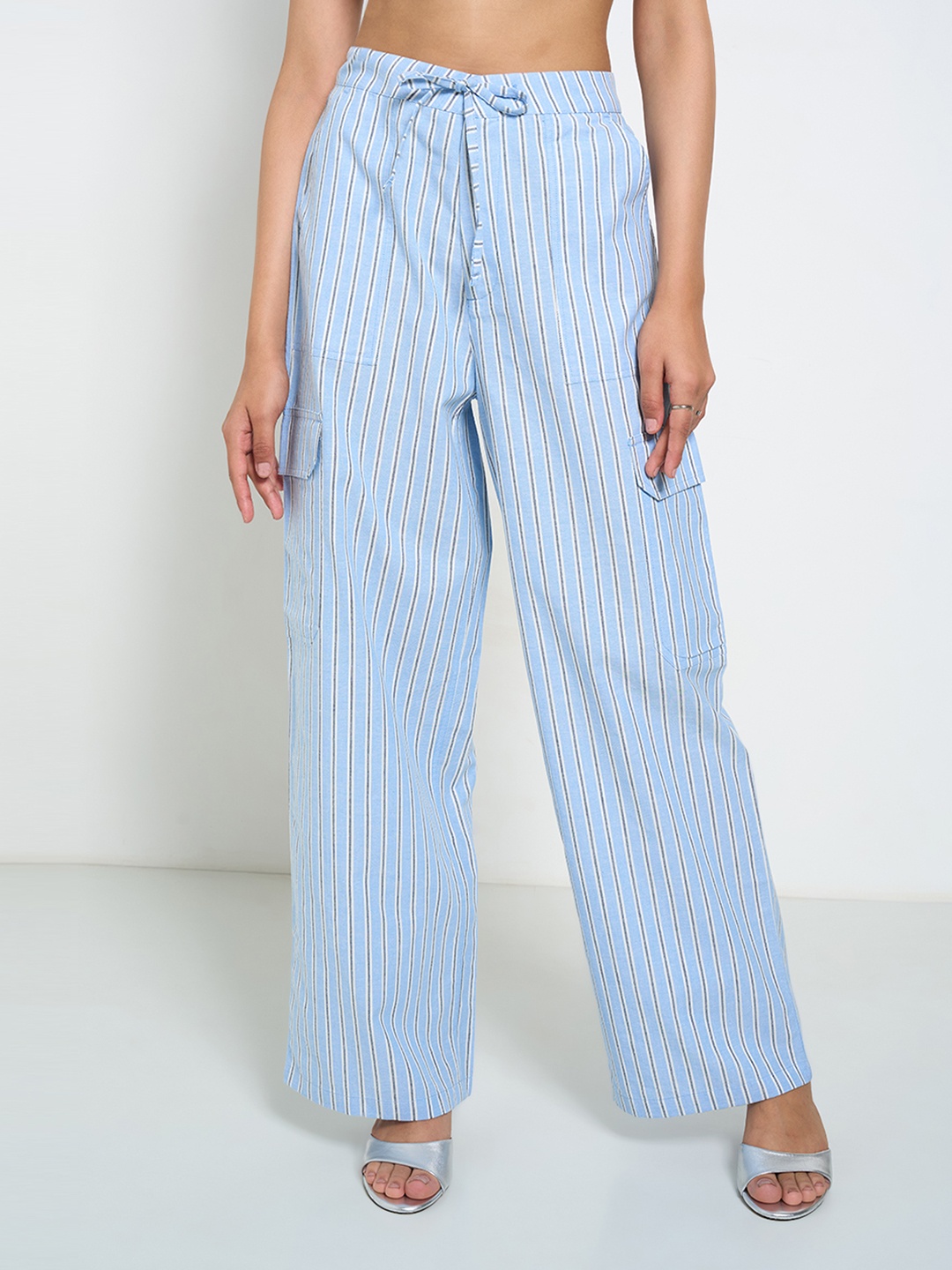 

SF JEANS by Pantaloons Women Striped Cotton Trousers, Blue