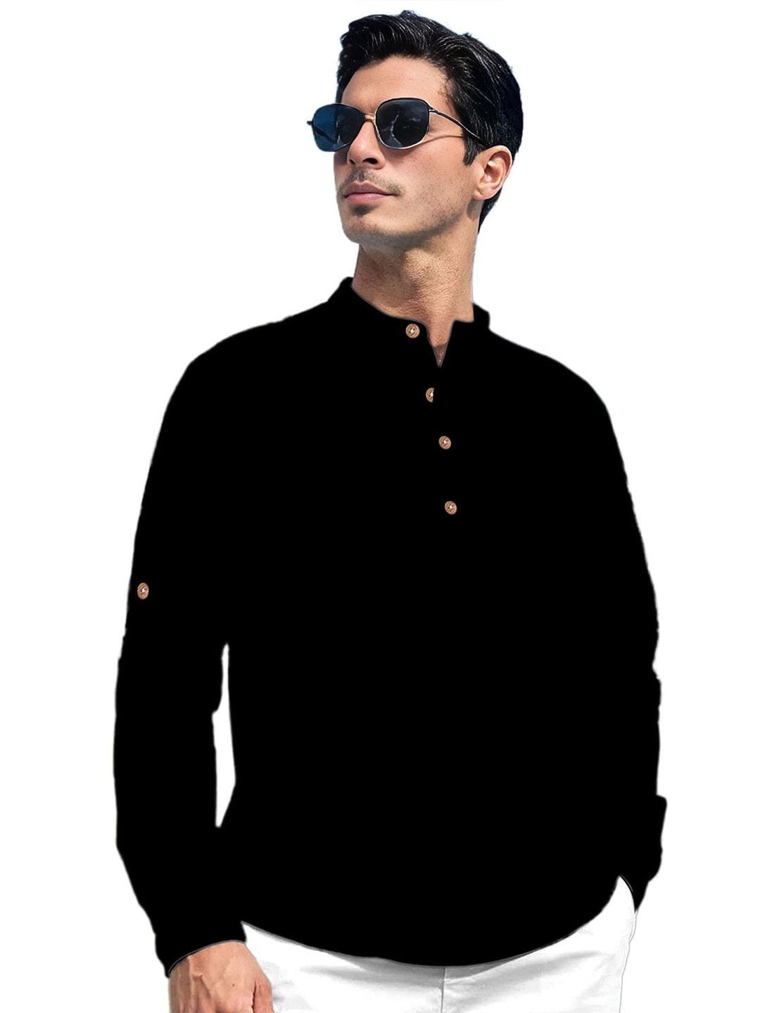 

EdinWolf Men India Slim Fit Band Collar Solid Cotton Casual Shirt, Black