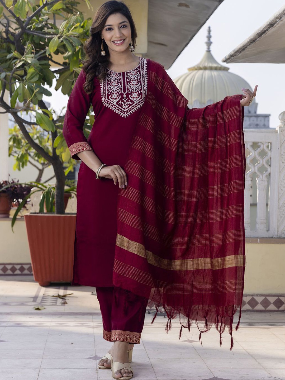 

BLACK SCISSOR Floral Embroidered Raw Silk A-Line Kurta with Trousers & Dupatta, Maroon