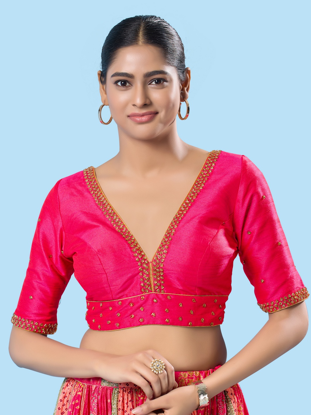 

VAMAS - THE DESIGNER BLOUSES Women V-Neck Padded Saree Blouse, Pink