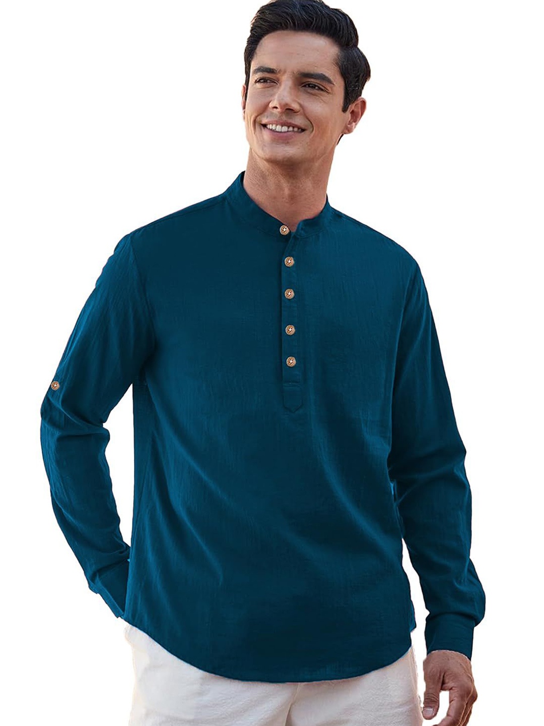 

EdinWolf Men India Slim Fit Mandarin Collar Solid Cotton Casual Shirt, Blue