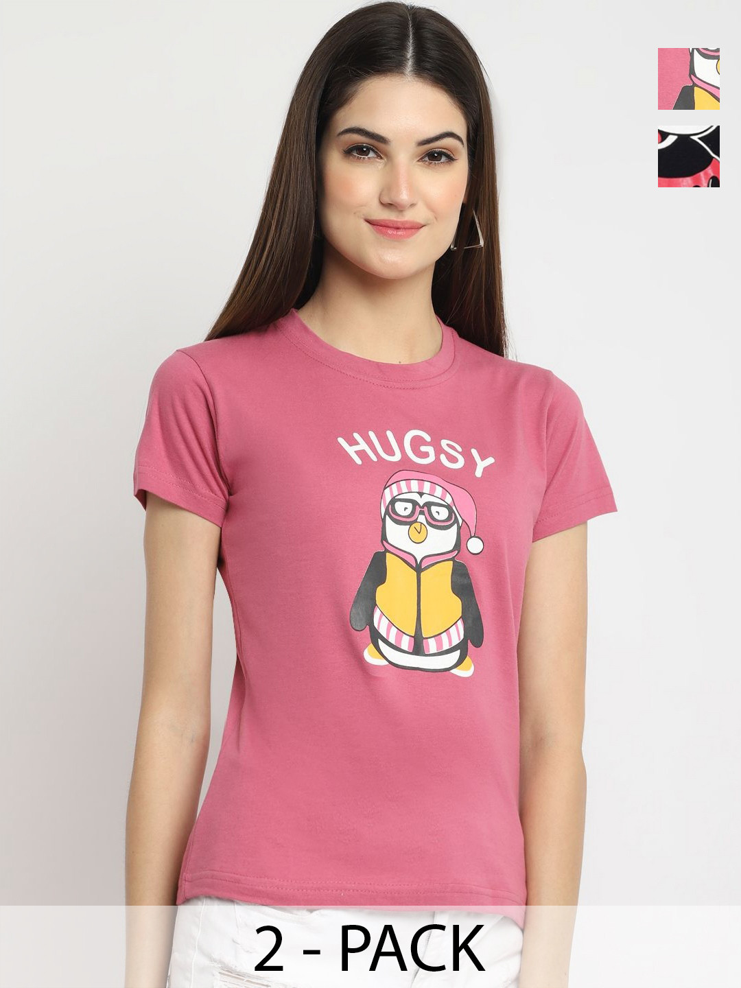 

Tromko Women Pack of 2 Mickey Mouse Graphic Printed Round Neck Cotton Regular Fit T-shirts, Pink