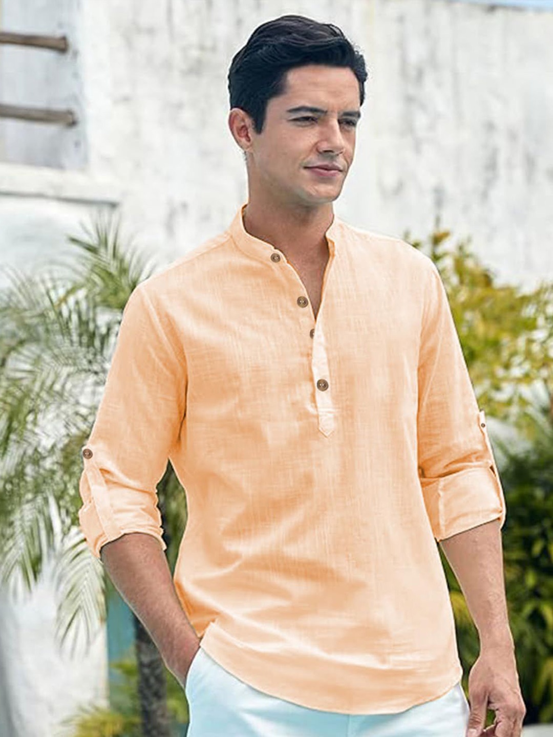

EdinWolf Men India Slim Fit Band Collar Solid Cotton Casual Shirt, Orange