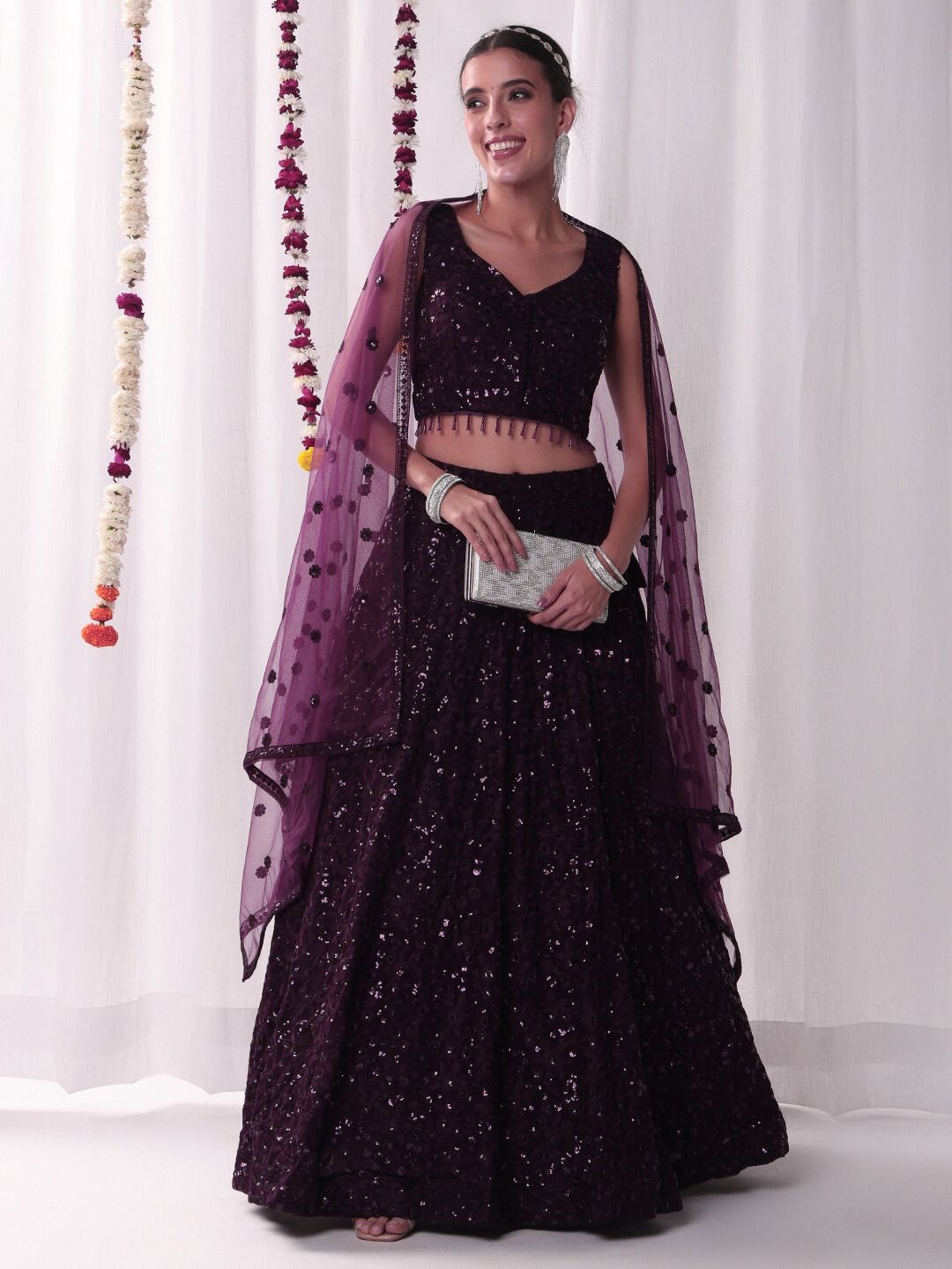 

Chhabra 555 Floral Embroidered V-Neck Sequinned Lehenga Choli With Dupatta, Purple