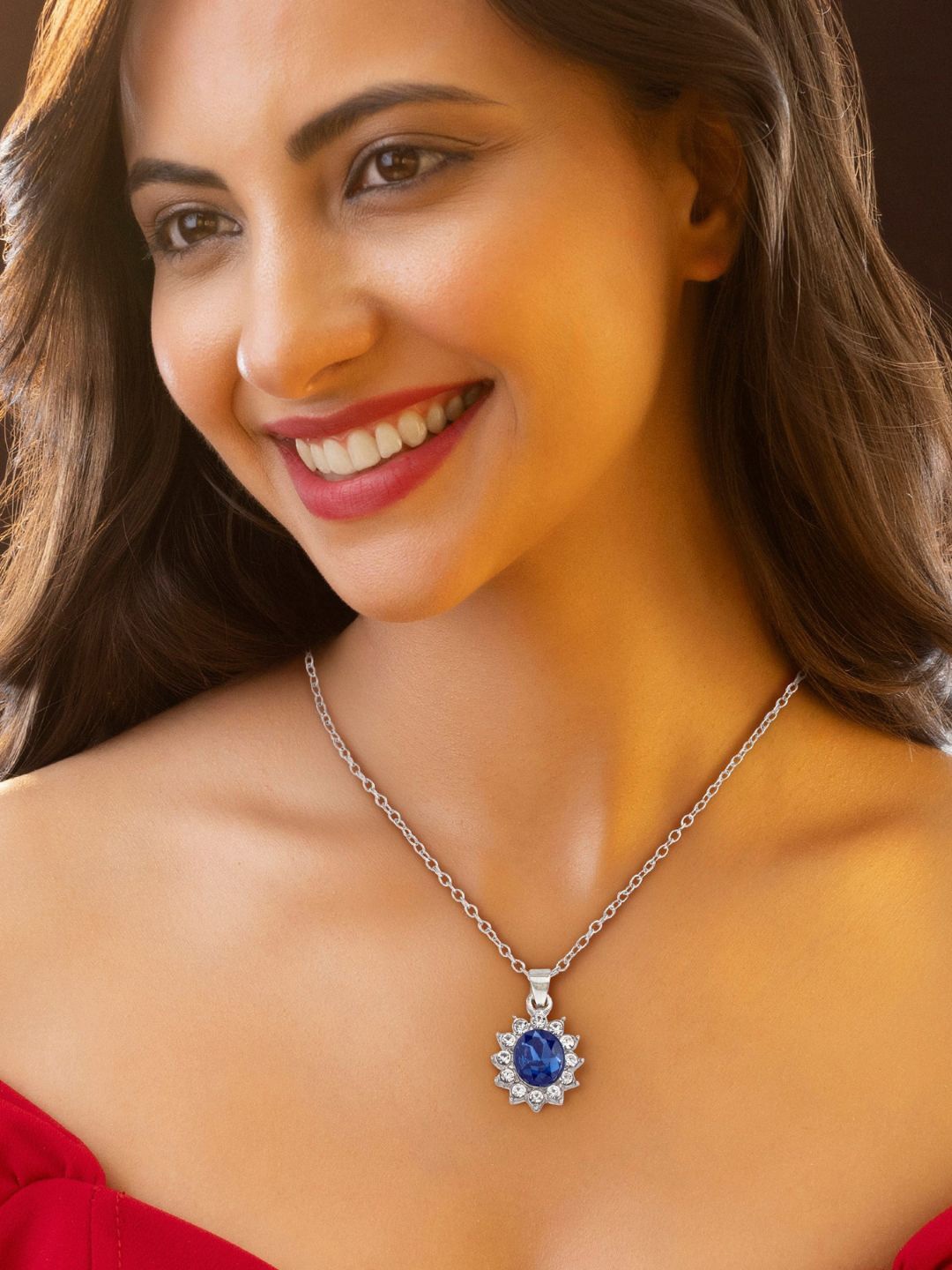 

DressBerry Stainless Steel Silver-Plated American Stone-Studded Pendant With Earrings