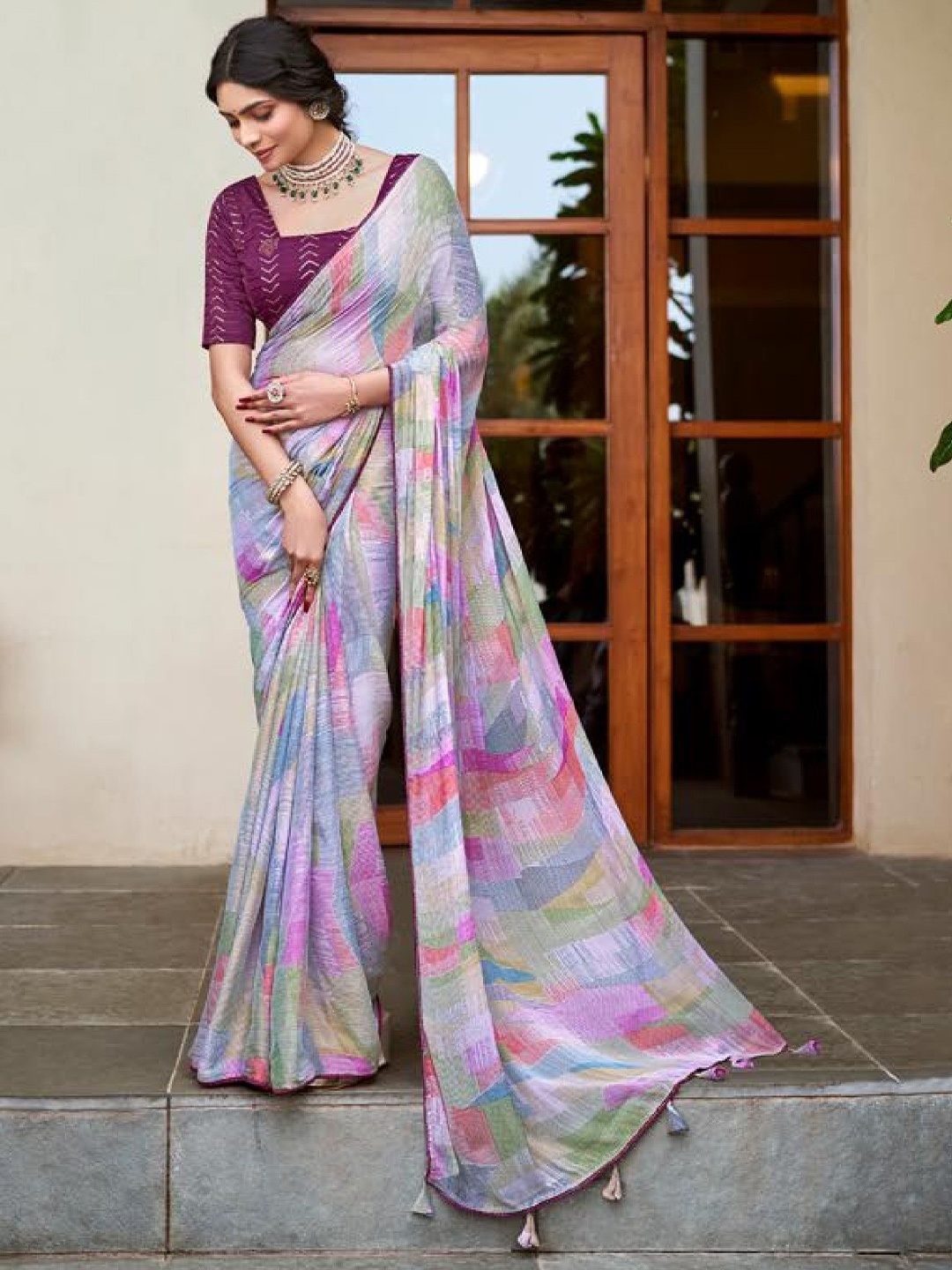 

MAHALASA Printed Pure Georgette Saree, Purple