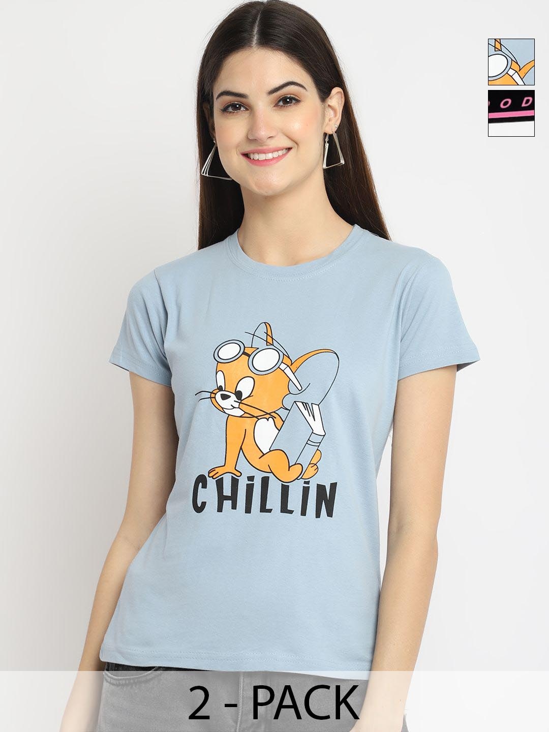 

Tromko Women Pack of 2 Tom & Jerry Graphic Printed Round Neck Cotton Regular Fit T-shirts, Blue