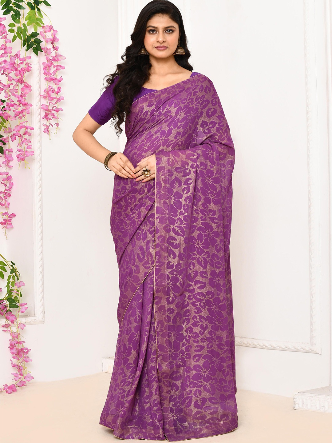 

THREAD SAGA Floral Poly Chiffon Saree, Violet