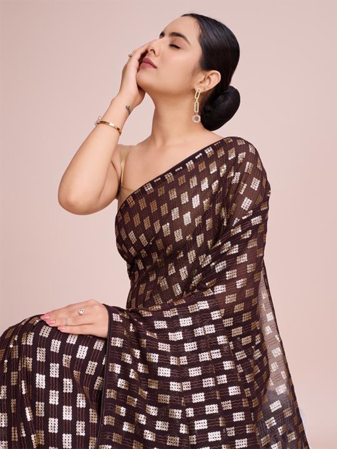 

THE52 Embellished Sequinned Georgette Saree, Brown