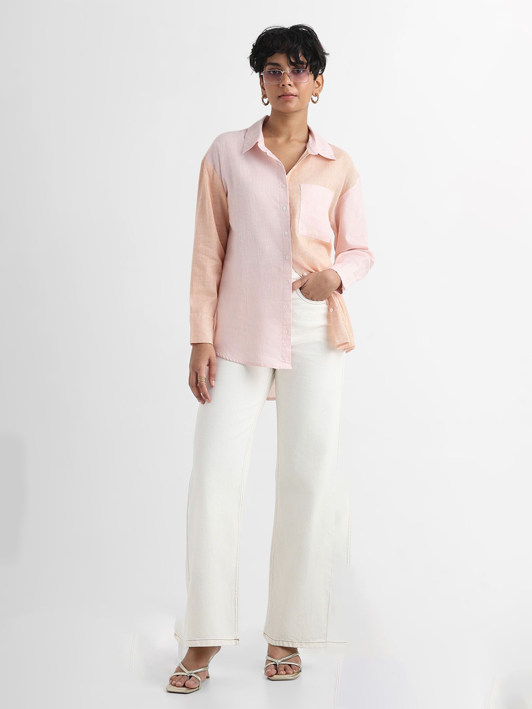 

YUVAKAA Women Comfort Oversized Fit Spread Collar Colourblocked Cotton Casual Shirt, Orange