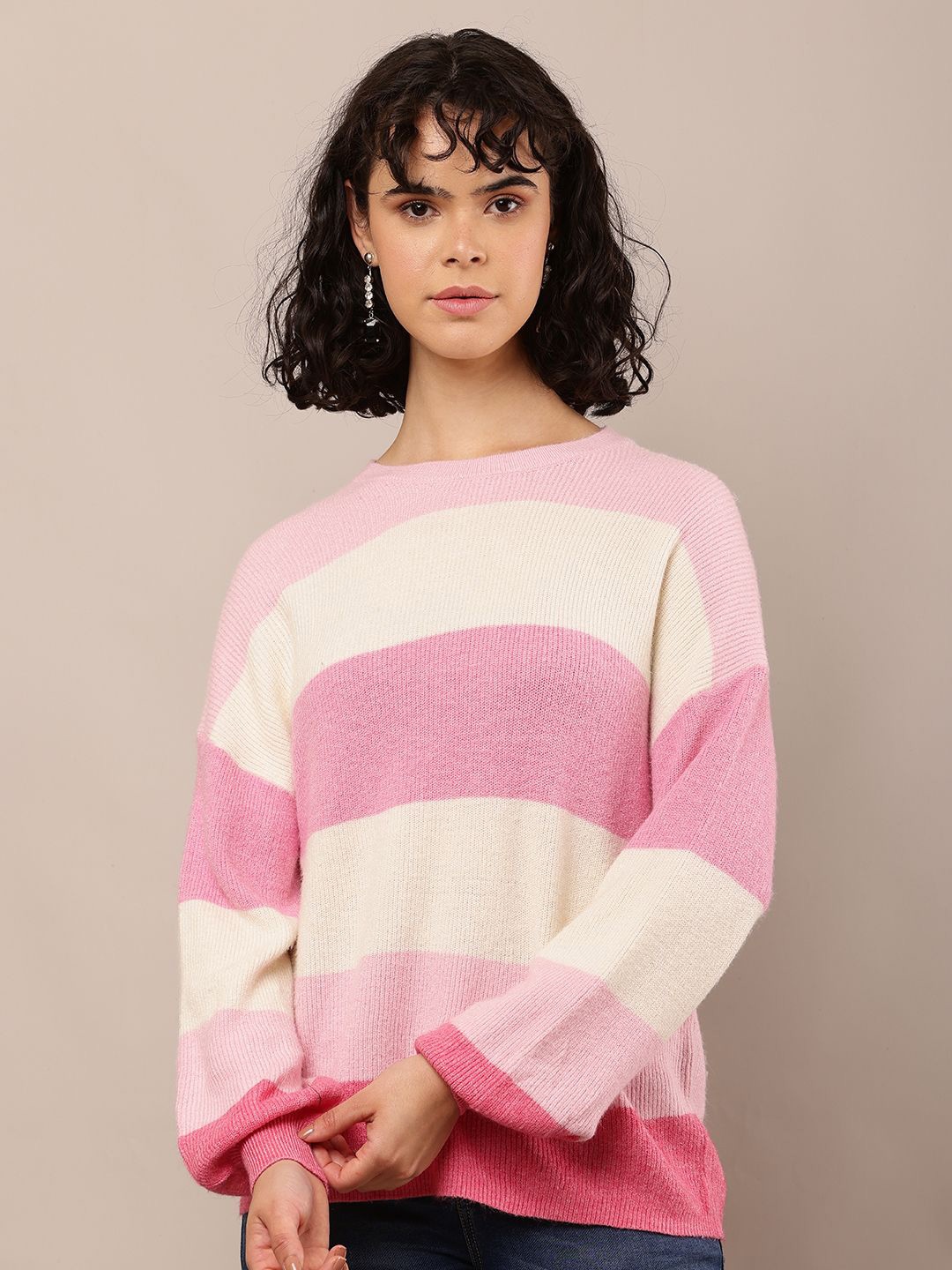

NoBarr Women Colourblocked Wool Pullover, Pink