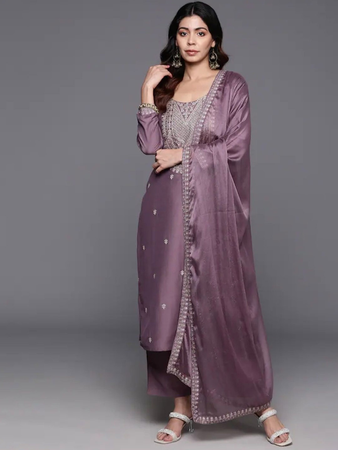 

4 season Floral Embroidered Thread Chanderi Silk Straight Kurta With Trousers & Dupatta, Brown