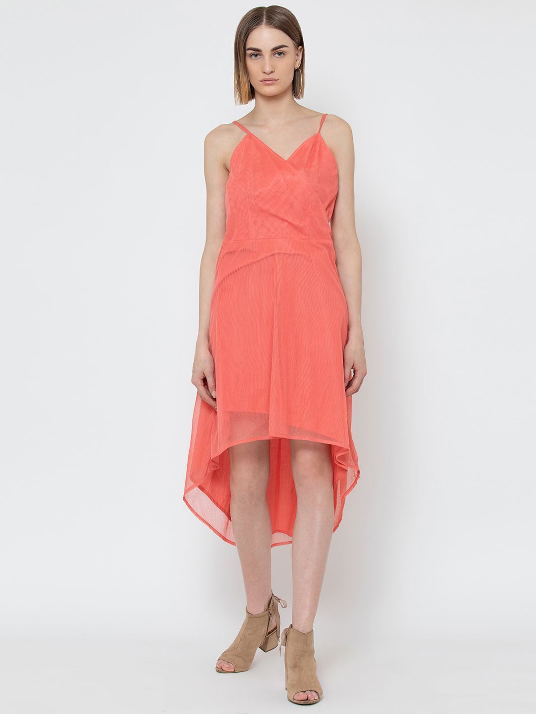 

DODO & MOA Women Shoulder Straps High-Low Fit & Flare Midi Dress, Peach