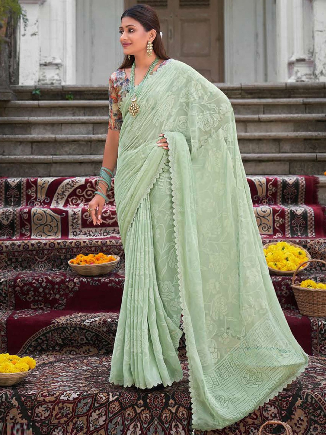 

MAHALASA Ethnic Motifs Pure Chiffon Designer Saree, Sea green