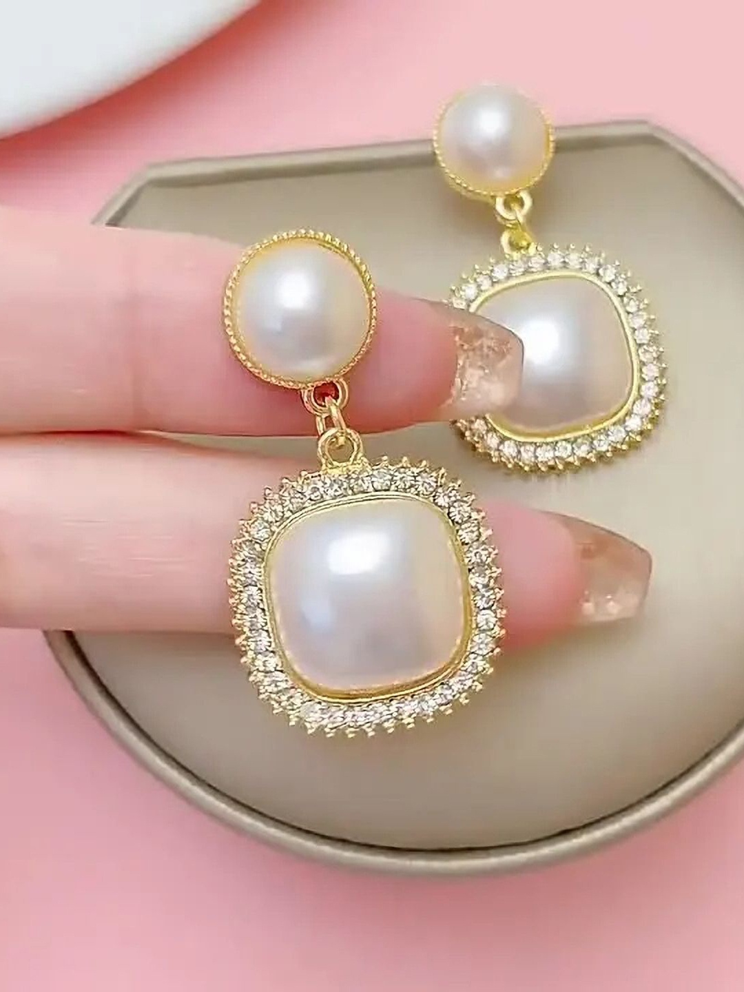 

Celestique Gold-Plated Pearls Studded Geometric Shaped Korean Drop Earrings