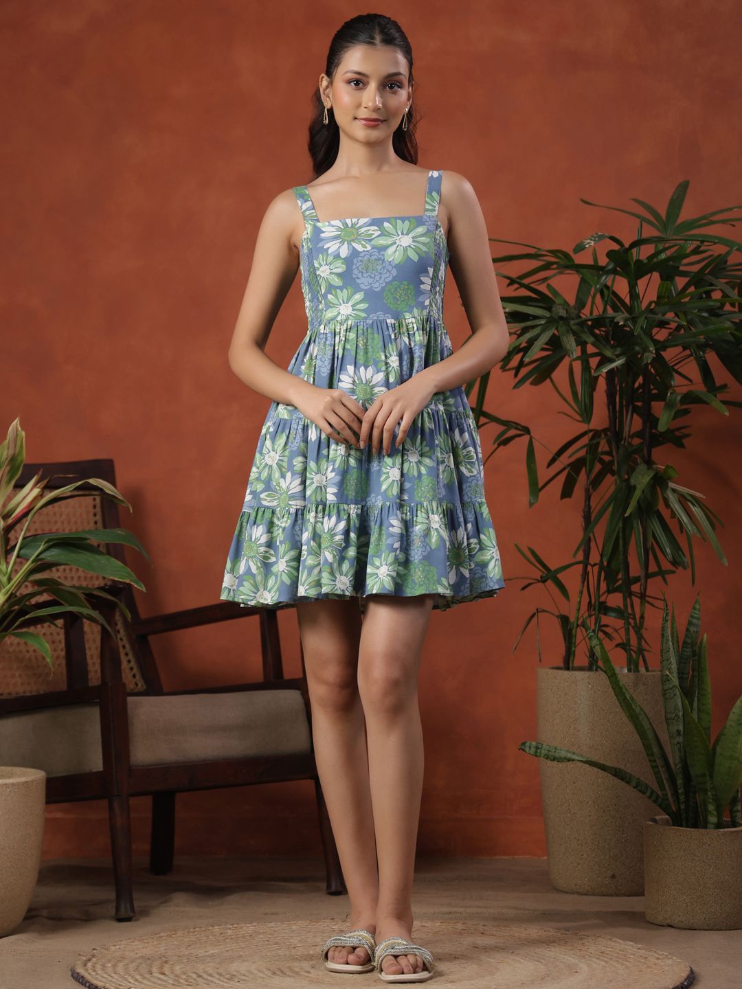 

anayna Floral Print Shoulder Straps Smocked Tiered Fit & Flare Dress, Blue