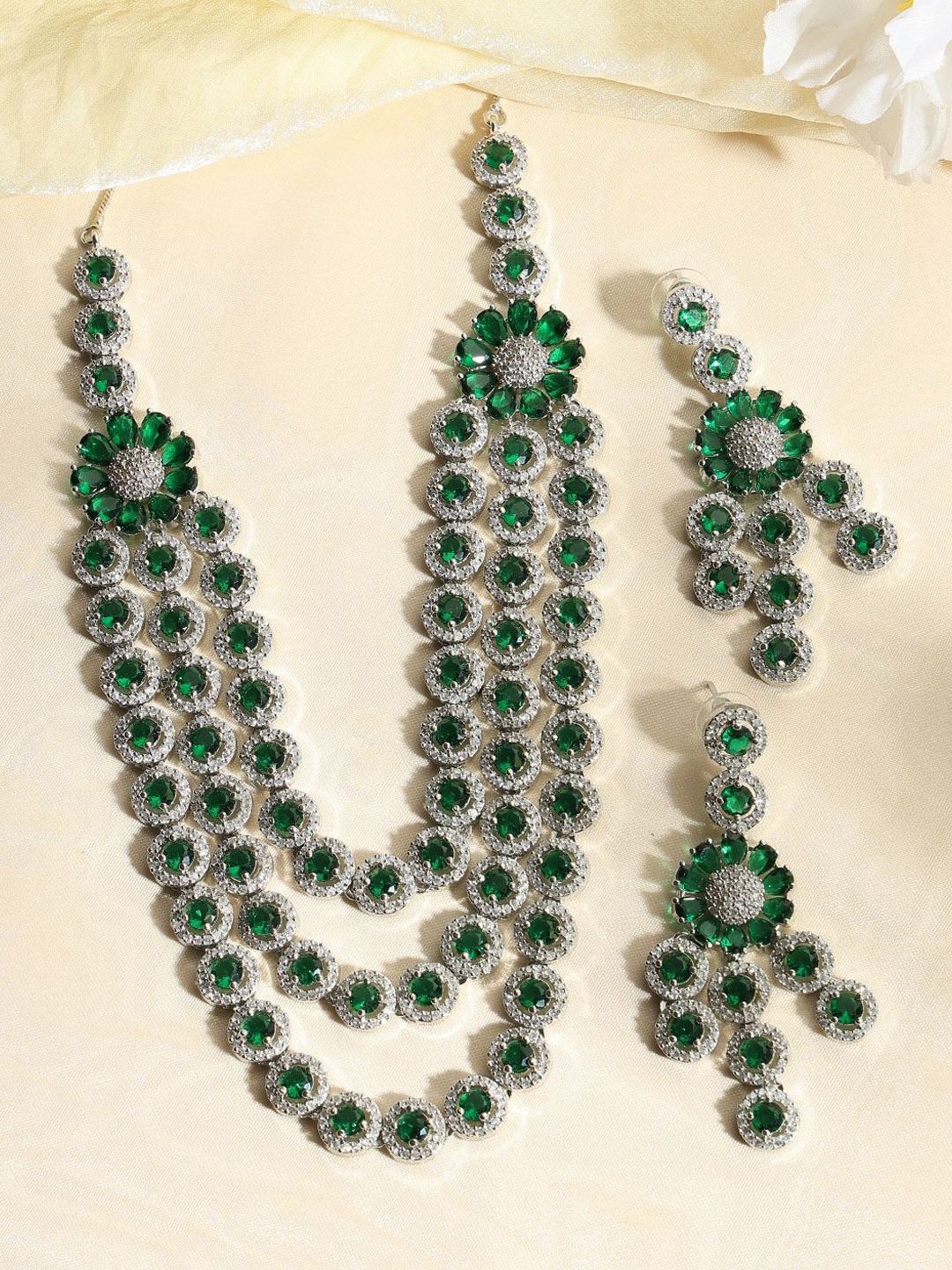 

justpeachy Rhodium-Plated American Diamond Studded Jewellery Set, Silver